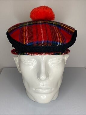 Lochcarron Scotland Wool Tartan Cap Red Plaid Pom Beret Hat
